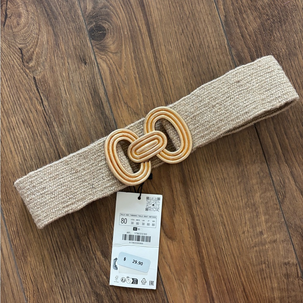 Zara Beige Woven Belt with Gold Accent